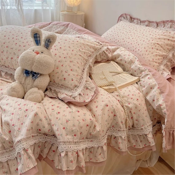 Pink Floral Ruffled Duvet Cover Set, Cotton Bedding Sets, Aesthetic Bedding  Set, Girlish Duvet Cover, Duvet Cover Set, Princess Duvet Cover 