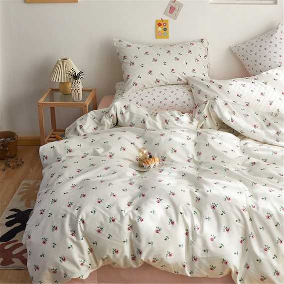 4 PC Floral White Pink Cotton Duvet Set, Cute Duvet Cover Set