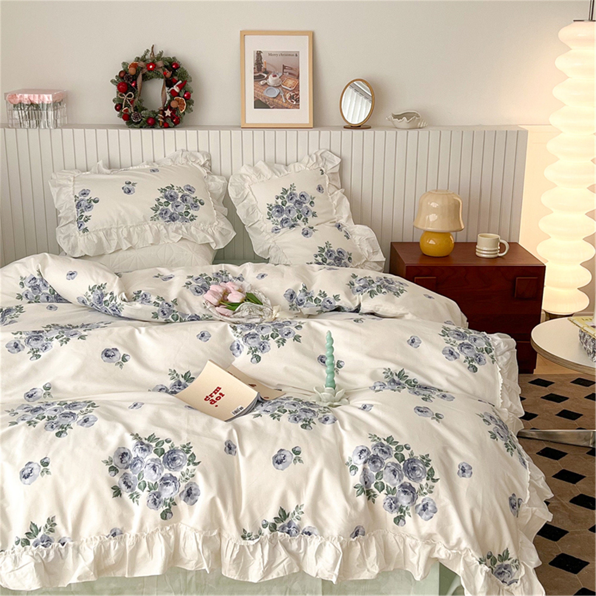 Cute Korean Adults Bedding Sets Aesthetic King Queen Twin Size Ins Solid  Color Double Bed Sheets Ruffled Duvet Quilt Cover Set