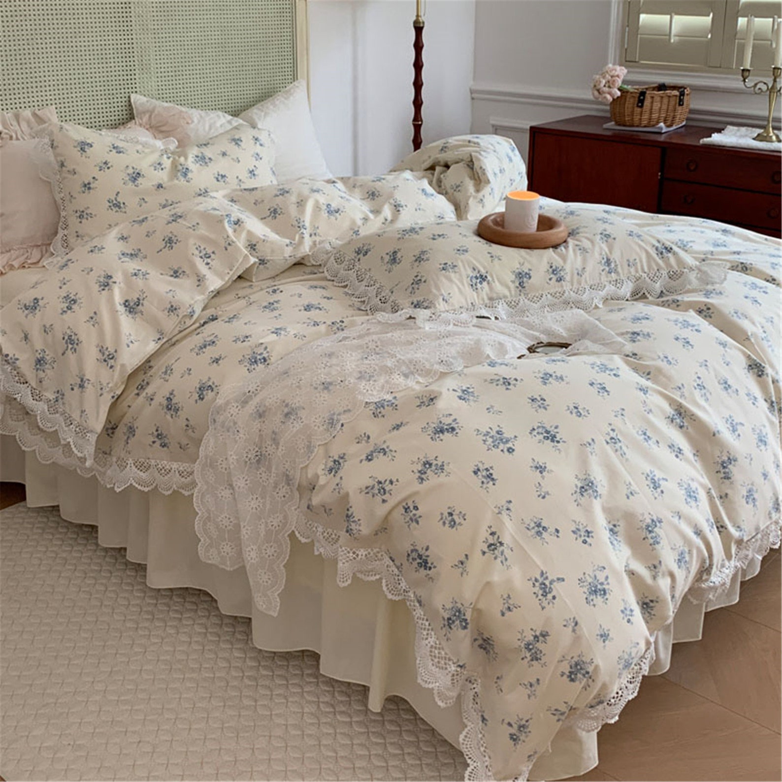 Blue Floral 100 Cotton Lace Ruffle Duvet Cover Set Princess Etsy