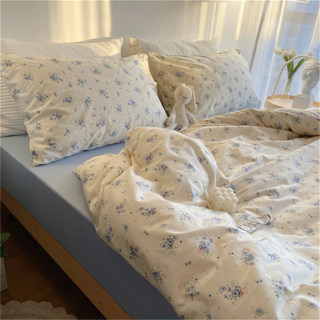 Blue Floral 100% Cotton Duvet Cover Set,cute Fresh Floral Bedding  Set,aesthetic Bedding,cottagecore Bedding,twin Full Queen King Duvet Cover  