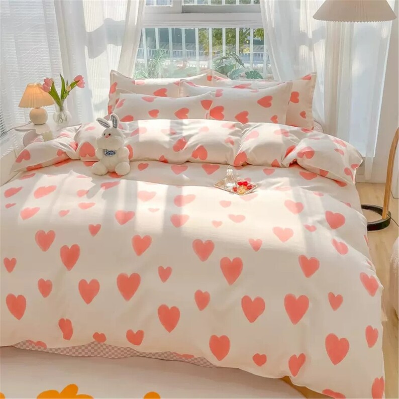 Cute Pink Love Heart Duvet Cover Set Girlish Bedding Set Etsy