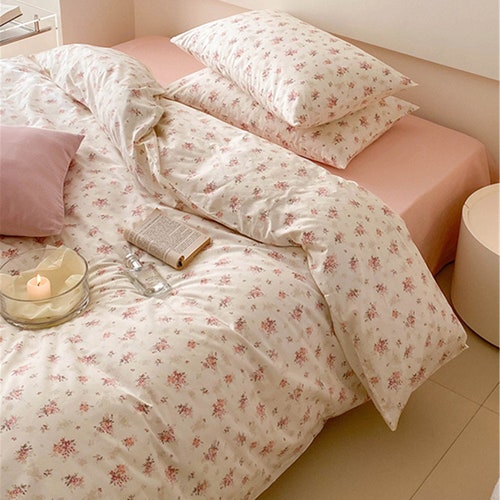 Pink Flowers Duvet Cover Set 100 Cotton Bedding Sets Twin Etsy