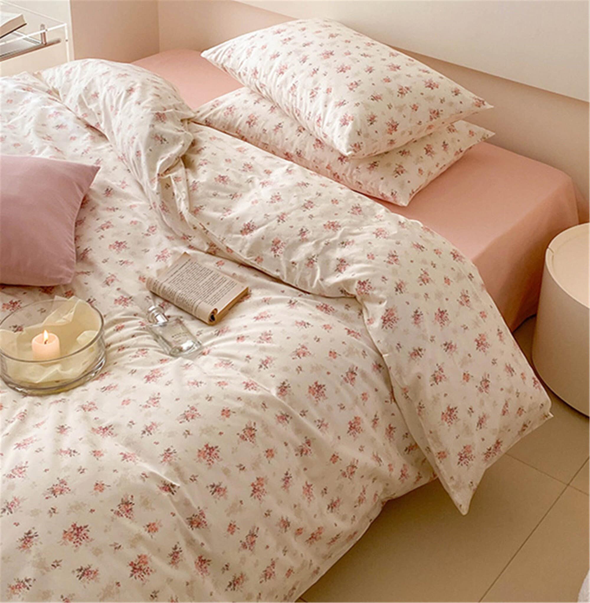 Pink Floral Ruffled Duvet Cover Set, Cotton Bedding Sets, Aesthetic Bedding  Set, Girlish Duvet Cover, Duvet Cover Set, Princess Duvet Cover 