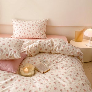 Pink Floral 100% Cotton Duvet Cover Set, Cottagecore Decor, Girlish ...