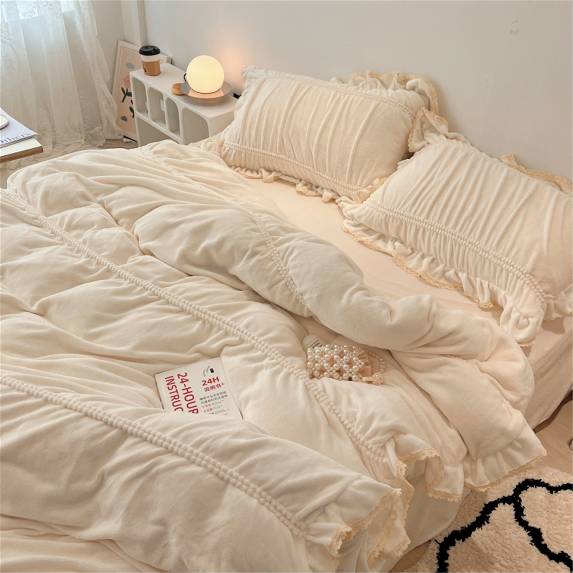Cute Korean Adults Bedding Sets Aesthetic King Queen Twin Size Ins Solid  Color Double Bed Sheets Ruffled Duvet Quilt Cover Set