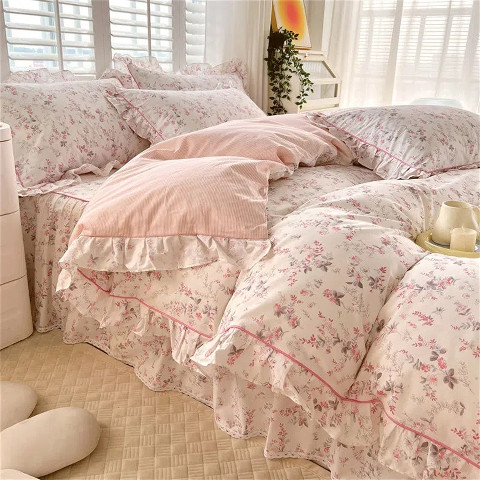Pink Floral 100% Cotton Duvet Cover Set,french Floral Gentle Ruffle Bedding,twin  Full Queen King Duvet Cover,cottagecore Bedding,dormbedding 