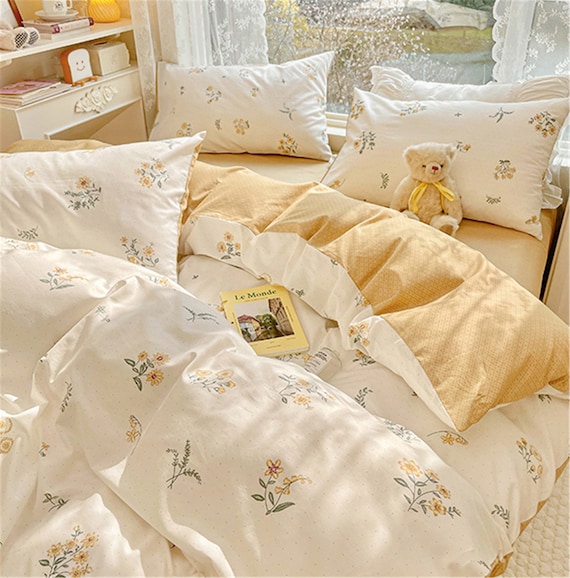 Buy Yellow Floral 100% Cotton Duvet Cover Set, Cottagecore Bedding