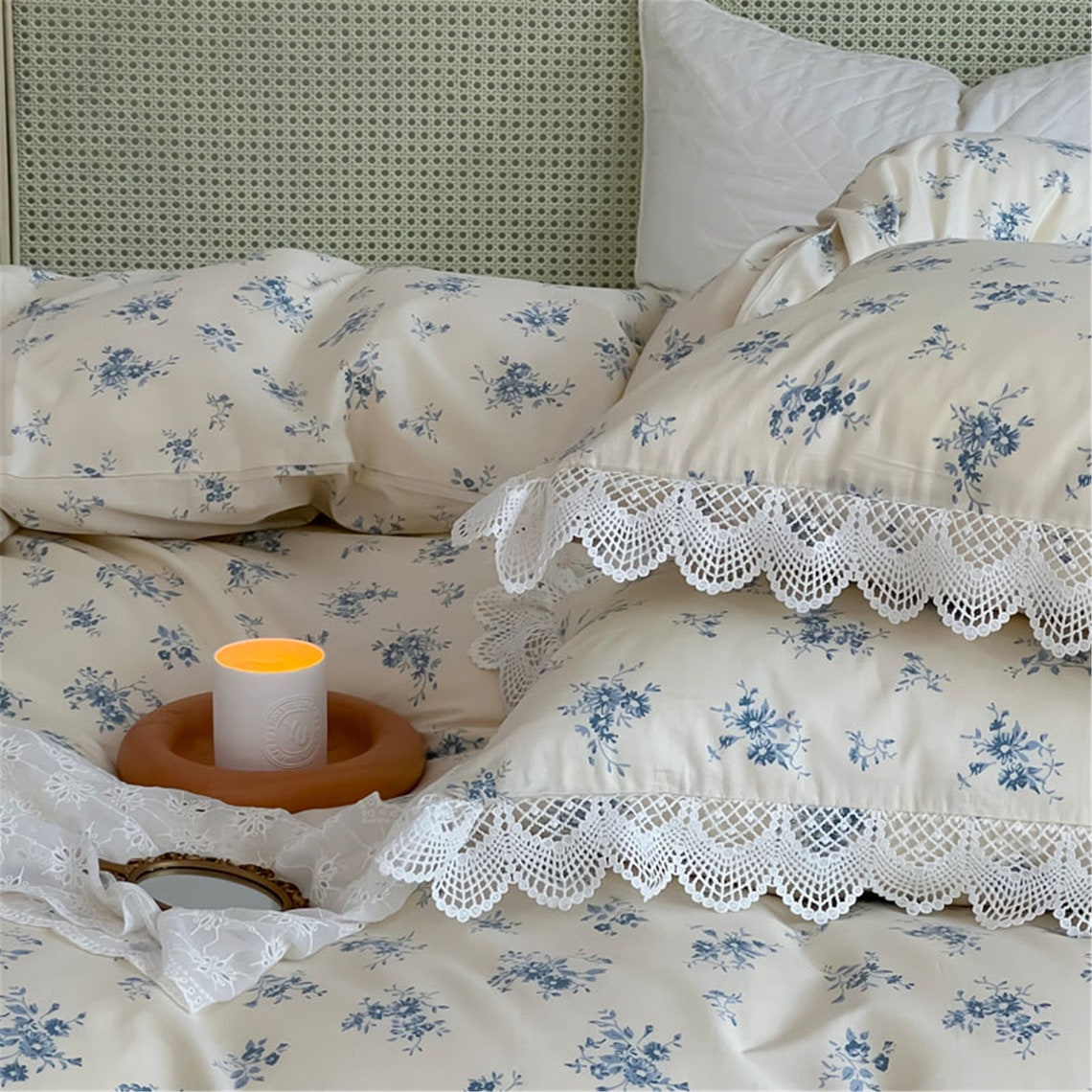 Blue Floral 100 Cotton Lace Ruffle Duvet Cover Set Princess Etsy
