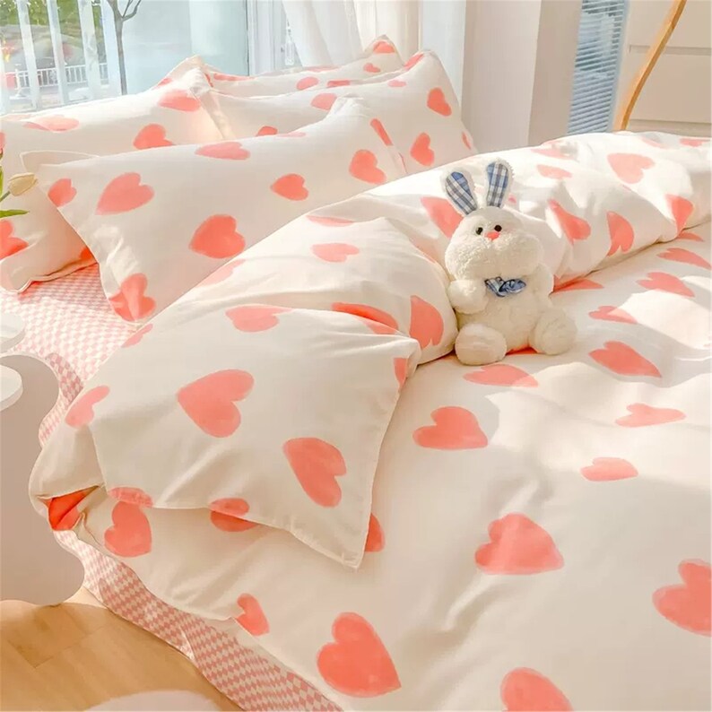 Cute Pink Love Heart Duvet Cover Set Girlish Bedding Set Etsy