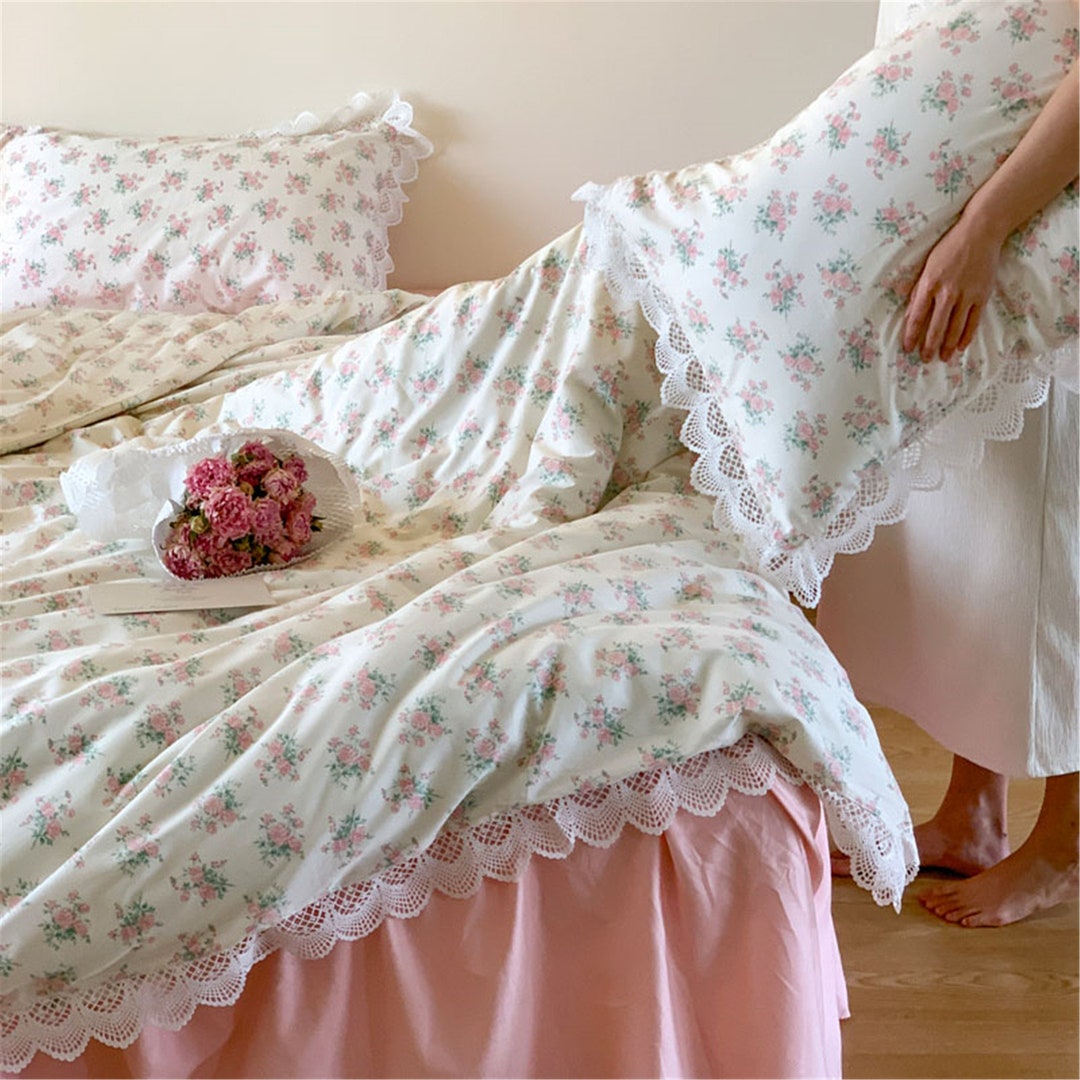 Girlish Pink Floral 100 Cotton Lace Ruffle Duvet Cover Set Etsy