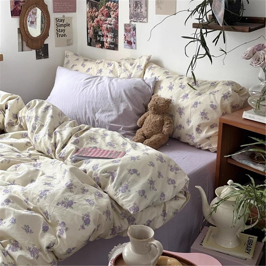 Gentle Purple Floral 100 Cotton Duvet Cover Set, Retro Floral Bedding