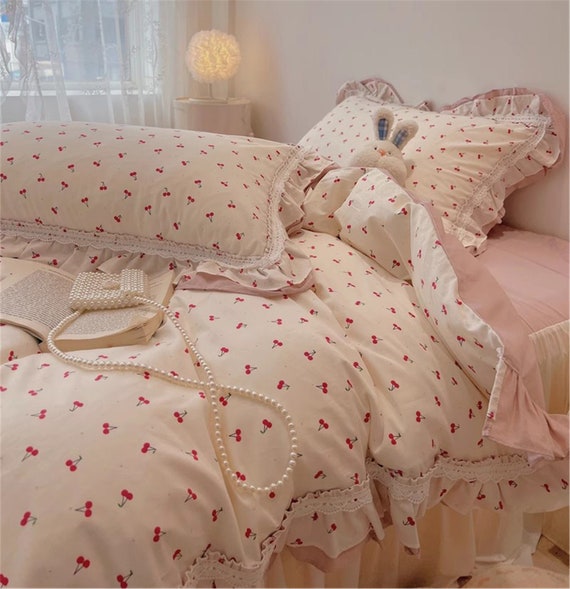 Set copripiumino in cotone 100% ciliegia carino, copripiumino Princess Lace  Ruffle, arredamento Cottagecore, copripiumino Twin Full Queen, biancheria  da letto per dormitorio ragazza -  Italia