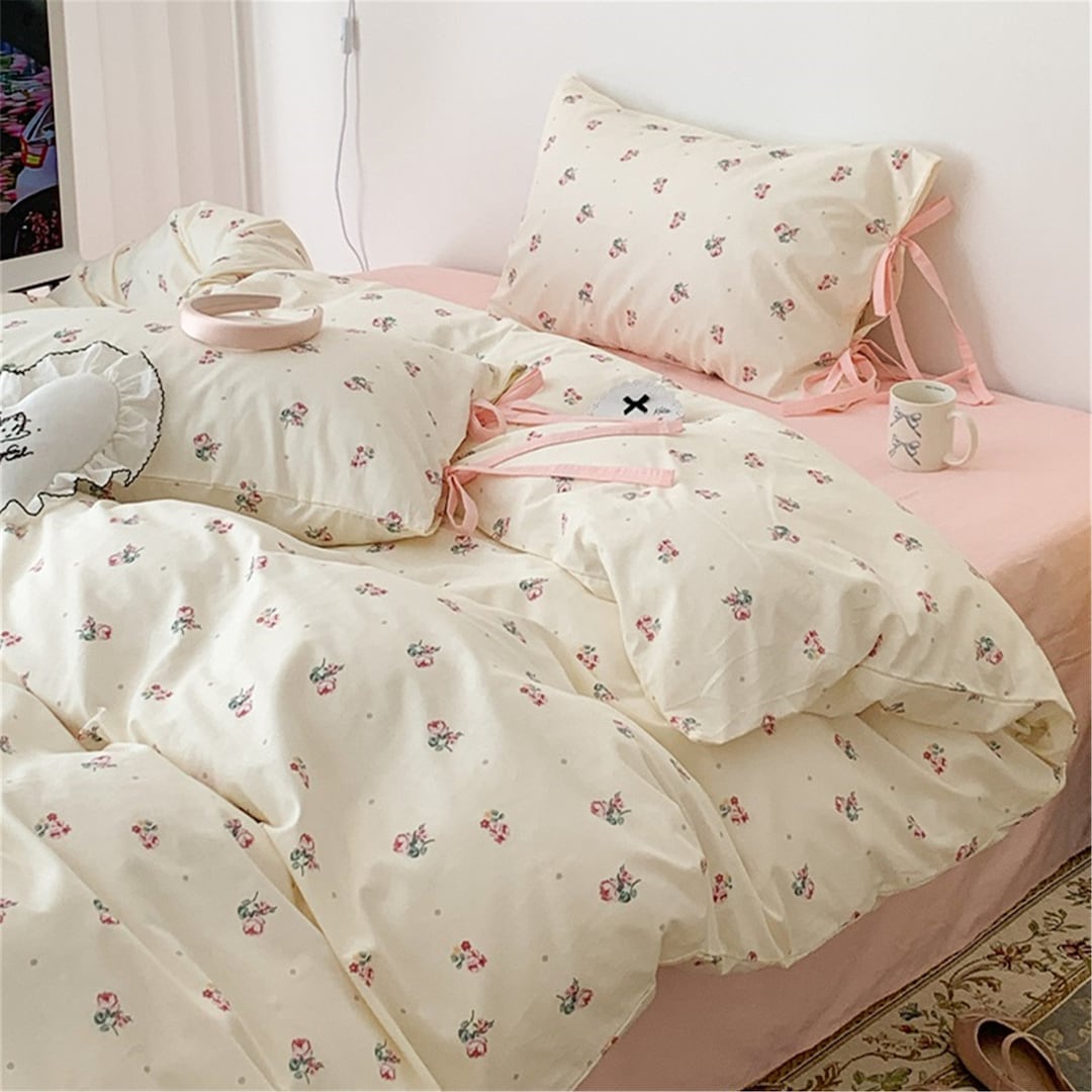 Girlish Pink Floral 100% Cotton Duvet Cover Set, Floral Bedding ...