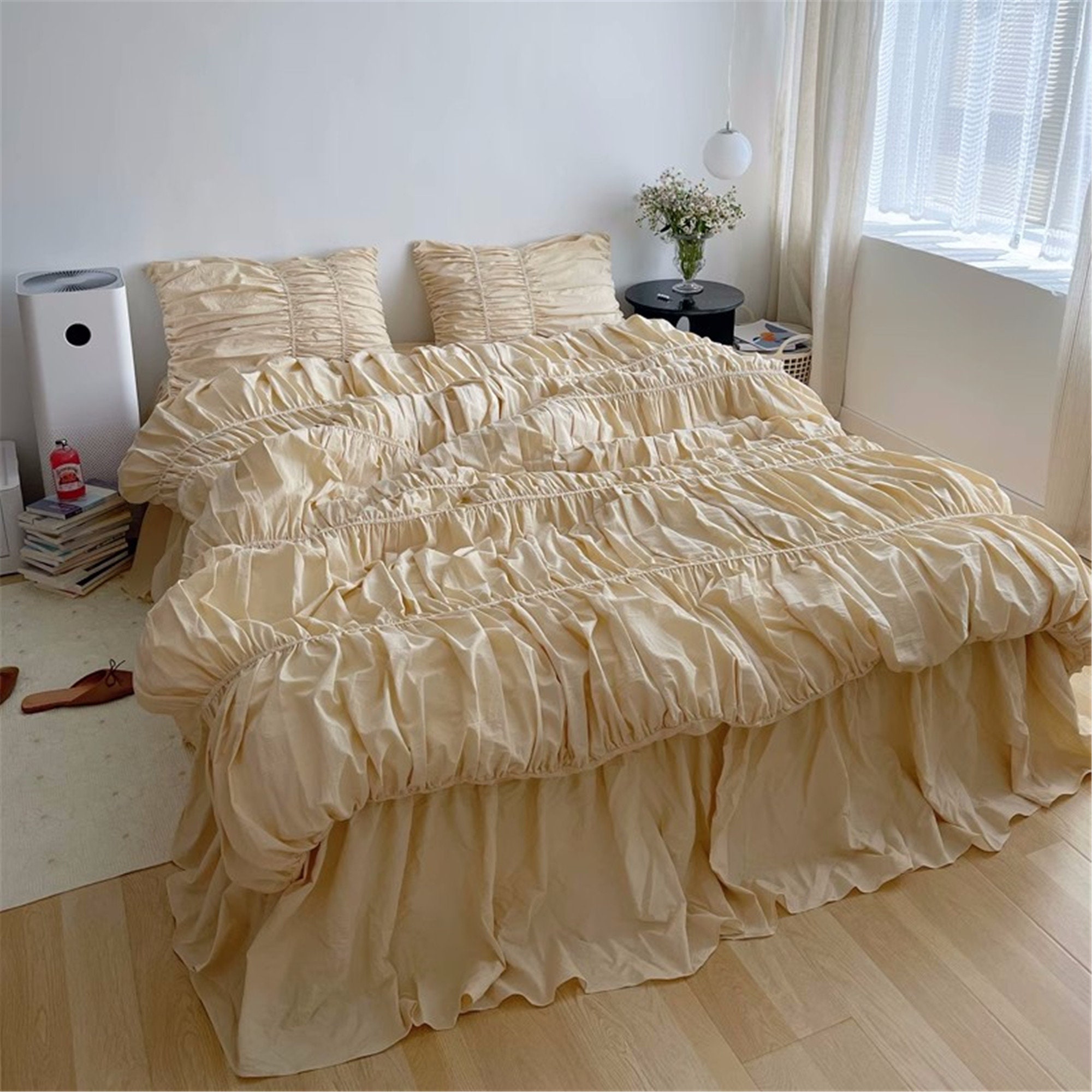 Cute Korean Adults Bedding Sets Aesthetic King Queen Twin Size Ins Solid  Color Double Bed Sheets Ruffled Duvet Quilt Cover Set