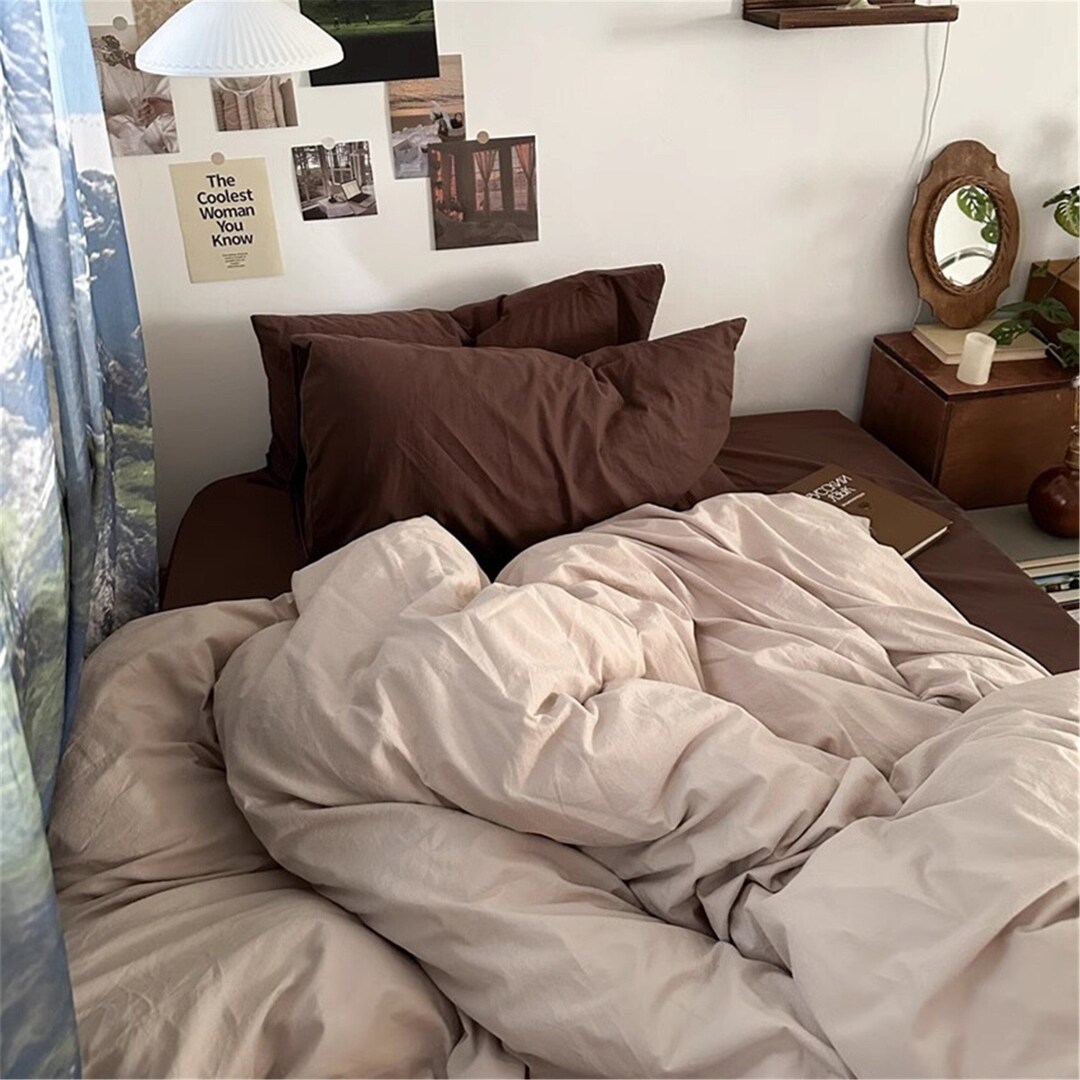Retro Coffee Color 100% Cotton Duvet Cover Set,minimalist Bedding ...