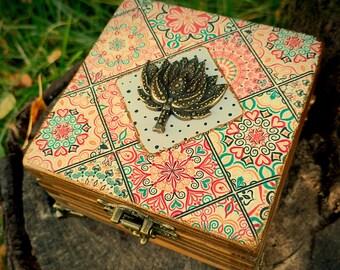 Handmade Wooden Jewelry Box with Lotus Flower - Boho Chest