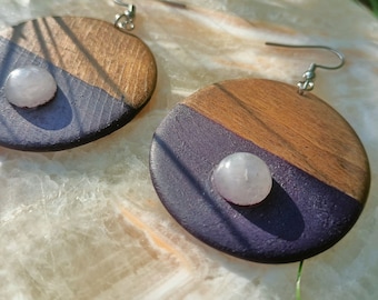 Handmade Purple Wooden Earrings with Quartz Stone - Boho