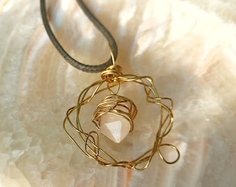 Gold Wire Wrap Pendant with Quartz - Handmade Golden Jewelry