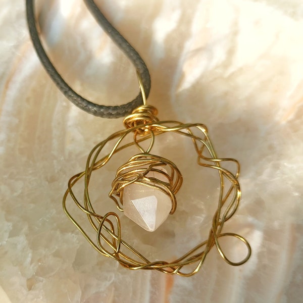 Gold Wire Wrap Pendant with Quartz - Handmade Golden Jewelry