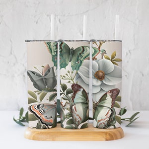 SET of 3 PNGs! Watercolor Butterflies Sage Cream and Brown Floral Tumbler PNGs! 20 Oz Straight Tumbler Digital File!