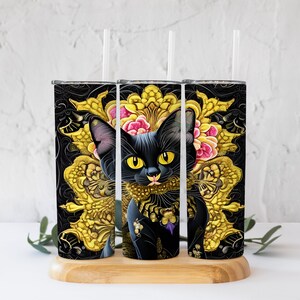 Whimsical Black Cat with Gold Filigree Tumbler PNG! 20 Oz Straight Tumbler Digital File!