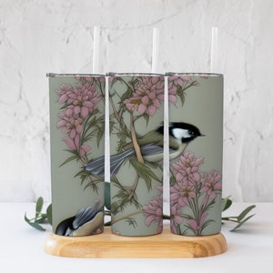 SET of 3 PNGs! Chickadee Sage with Pink Peach and Burgundy Floral Tumbler PNGs! 20 Oz Straight Tumbler Digital File!