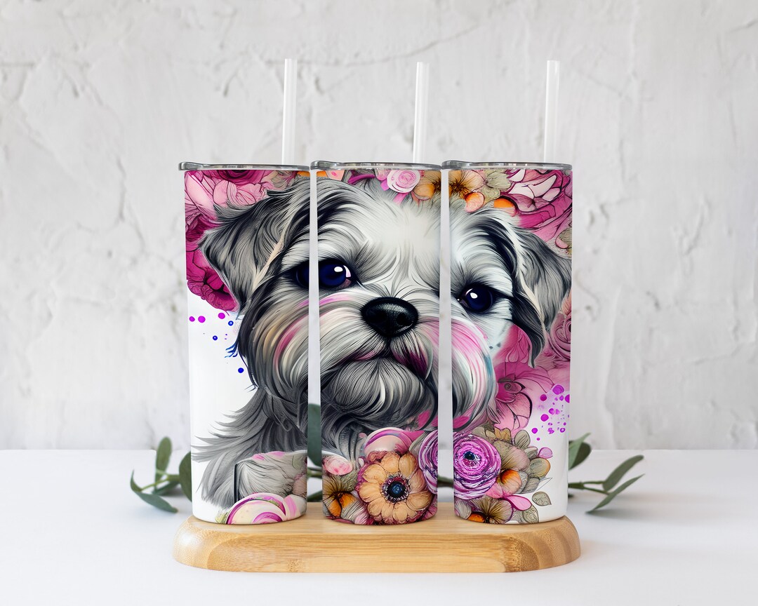Shaggy Puppy With Pink Floral Tumbler PNG! 20 Oz Straight Tumbler ...