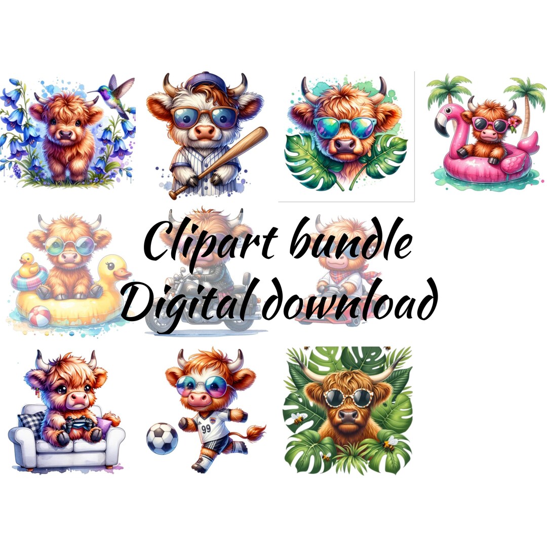 Highland Cow Clipart Bundle - Cute Fun Highland Cow Designs With Sports ...