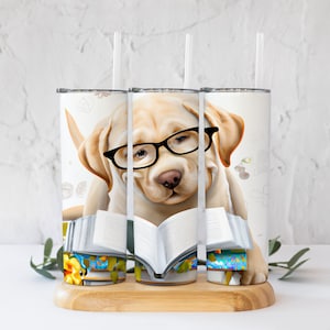 Yellow Lab with Reading Glass and Book Tumbler PNG! 20 Oz Straight Tumbler Digital File!