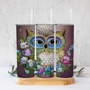 Beautiful Fantasy Owl on a Bed of Flowers Tumbler PNG! 20 Oz Straight Tumbler Digital File!