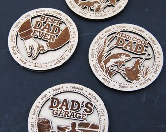 Dad Coasters Layered Engraved Maple Large! Set of Four! Fishing Hunting Garage Best Dad Ever!