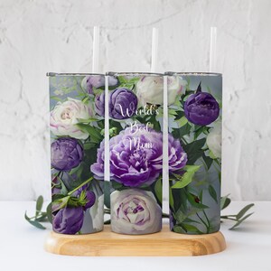World&#39;s Best Mom Lilac Purple White Floral Tumbler PNG! 20 Oz Straight Tumbler Digital File!