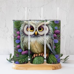 Fantasy Owl with Greenery and Flowers Tumbler PNG! 20 Oz Straight Tumbler Digital File!