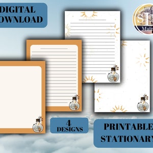 May include: Four printable stationery designs featuring a glass bottle with a moon and stars inside, surrounded by sun and moon imagery. The designs are on a white background with a brown border.