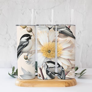 Watercolor Chickadee and Botanical in Cream Tumbler PNG! 20 Oz Straight Tumbler Digital File!
