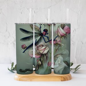 Fantasy Dragonfly Pink Roses Tumbler PNG! 20 Oz Straight Tumbler Digital File!