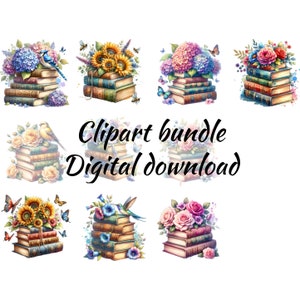 Op de afbeelding: Een digitaal downloadpakket met 8 clipart-afbeeldingen met stapels vintage boeken met verschillende bloemstukken, vogels en vlinders. De bloemen omvatten zonnebloemen, hortensia's en rozen.