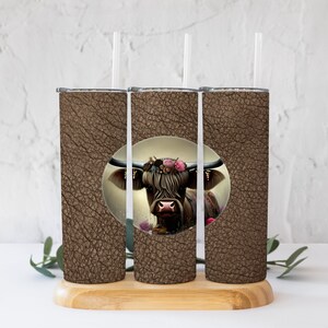 Highland Kuh mit Blumen und Leder Look Becher PNG! 20 Unzen gerader Becher digitale Datei!