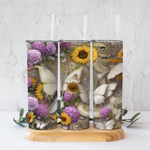 Vintage Purple and Sunflowers and Butterflies Tumbler PNG! 20 Oz Straight Tumbler Digital File!