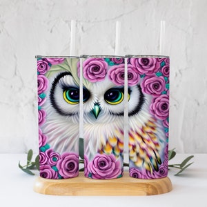 Beautiful Vibrant Owl with Pink Flowers Tumbler PNG! 20 Oz Straight Tumbler Digital File!