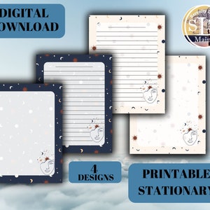 May include: Four printable stationery designs featuring a stylised face with a sun and moon inside. The designs have a white background with a blue or beige border and a pattern of suns, moons, and stars.