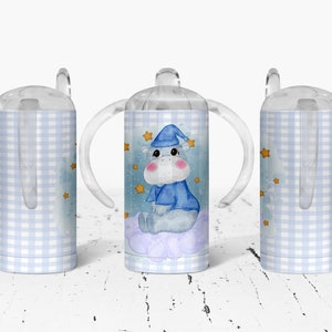 Hippo Blue Check Sippy Cup! 12 Oz Sippy Cup Stainless Steel with two lids!