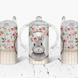 Bunny with Roses Sippy Cup! 12 Oz Sippy Cup Stainless Steel with two lids!