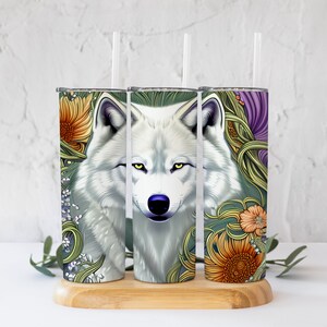 Fantasy White Wolf with Floral Tumbler PNG! 20 Oz Straight Tumbler Digital File!