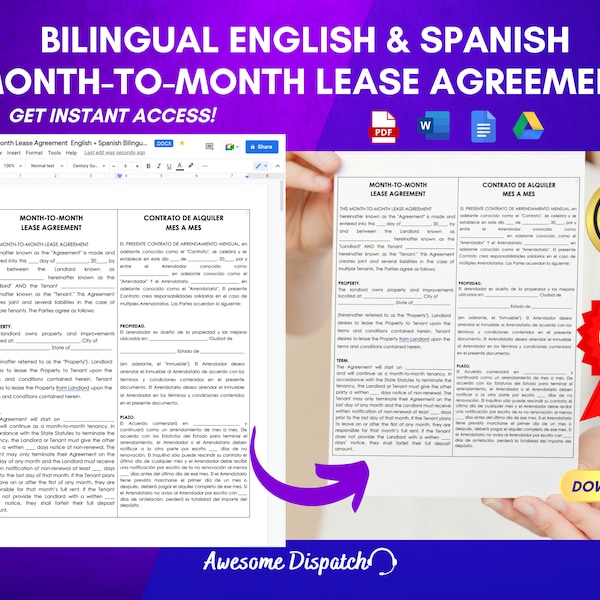 Bilingual Month-to-Month Lease Agreement  English + Spanish Contract