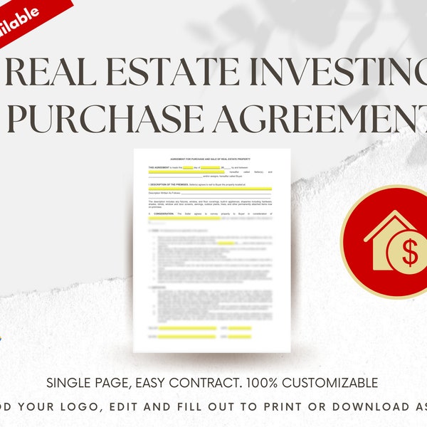 Real Estate Investing - Wholesaling Purchase Agreement - Single page contract.