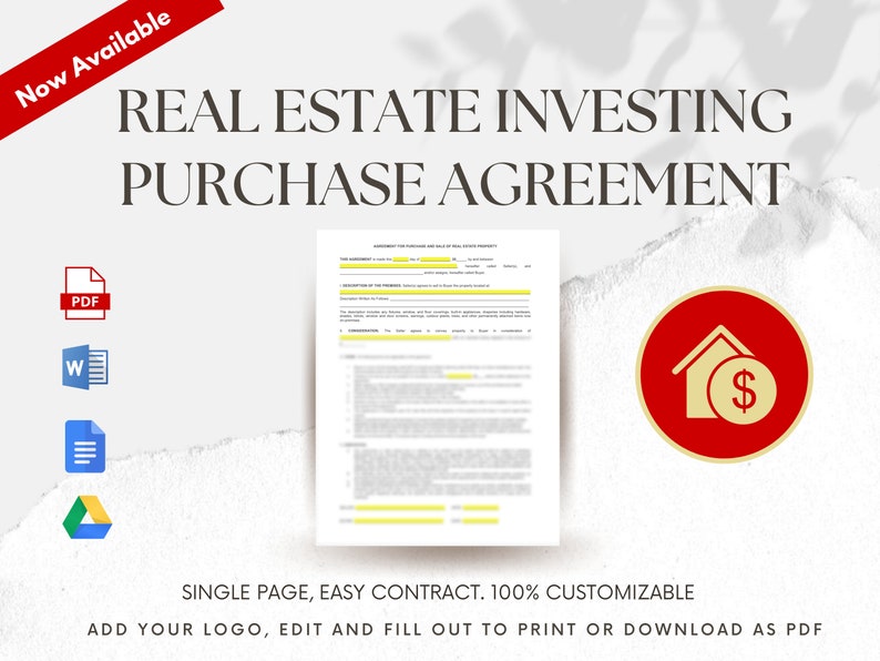 Real Estate Investing Wholesaling Purchase Agreement Single Page