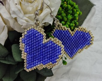 Brick-Stitch Earrings - Two-toned hearts in Blue