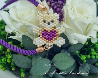 Adjustable bracelet with brick-stitch decoration Teddy bear with heart